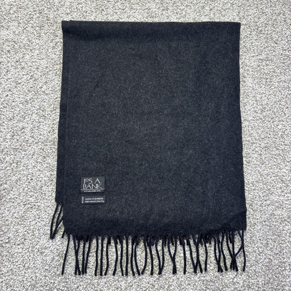 Jos. A. Bank Scarf Mens One Size Gray Solid 100%‎ Cashmere Fringe Winter